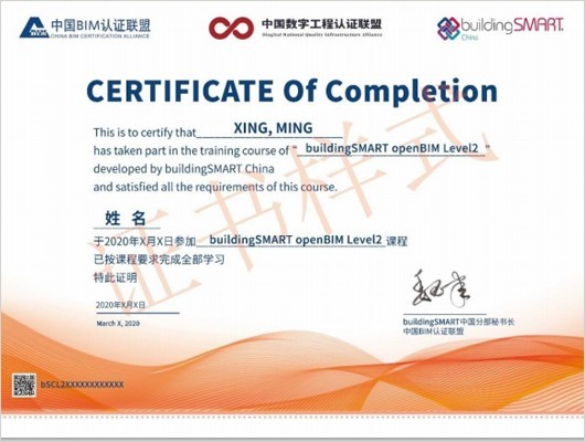 buildingSMART openBIM Level 2 证书样式